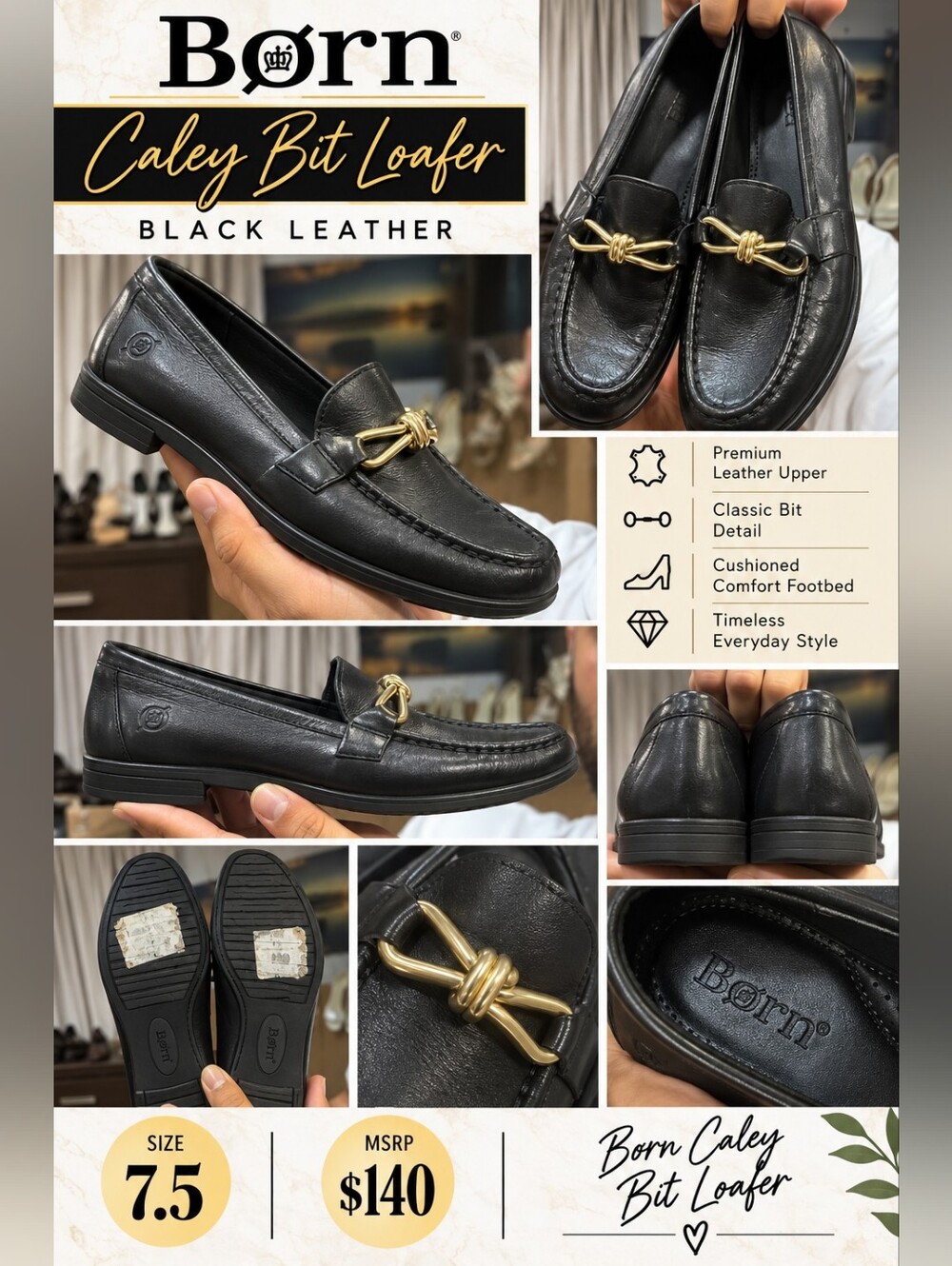 Born Black Leather Slip-On Loafer with Gold Knot Accent NWOB